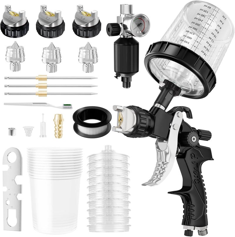 GATTLELIC HVLP Air Spray Gun with 1.4/1.7/2mm Nozzles & Air Compressor Regulator, Air Spray Paint Gun w/10pcs 600cc Mixing Cup and Lids, Automotive Paint Sprayer for Car, House Painting, Furniture - Image 1
